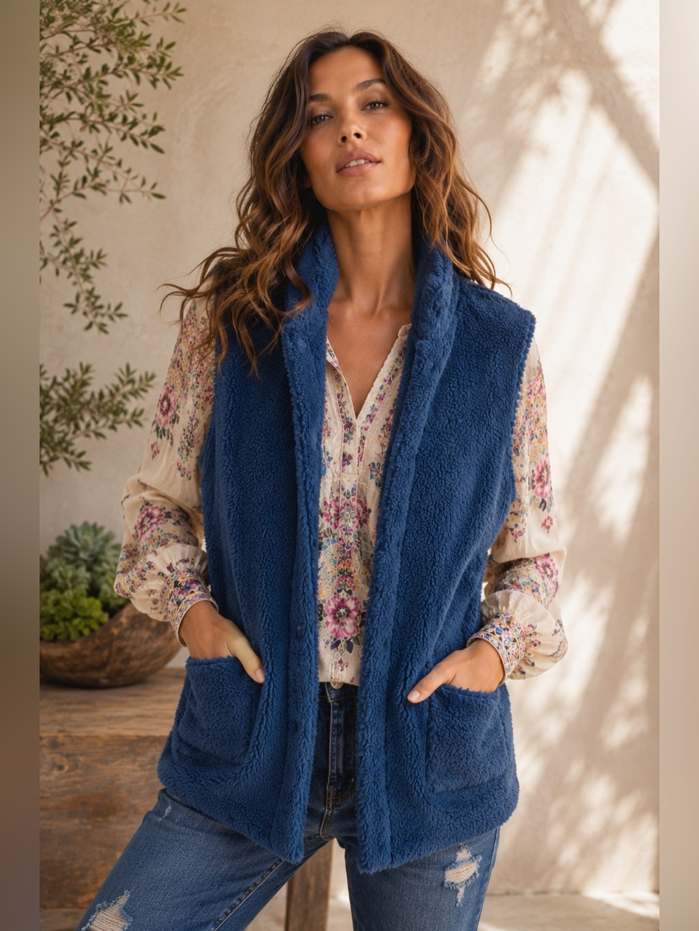 Johnny Was Reversible Sherpa Fleece Vest Floral Blue Black Button Front L